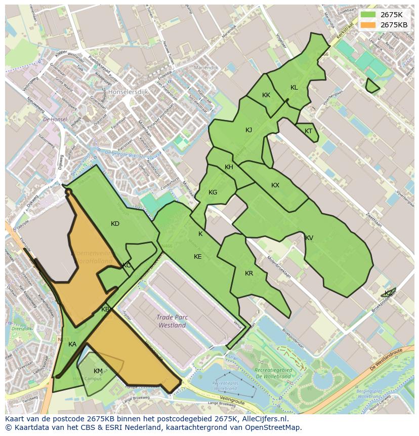 Afbeelding van het postcodegebied 2675 KB op de kaart.