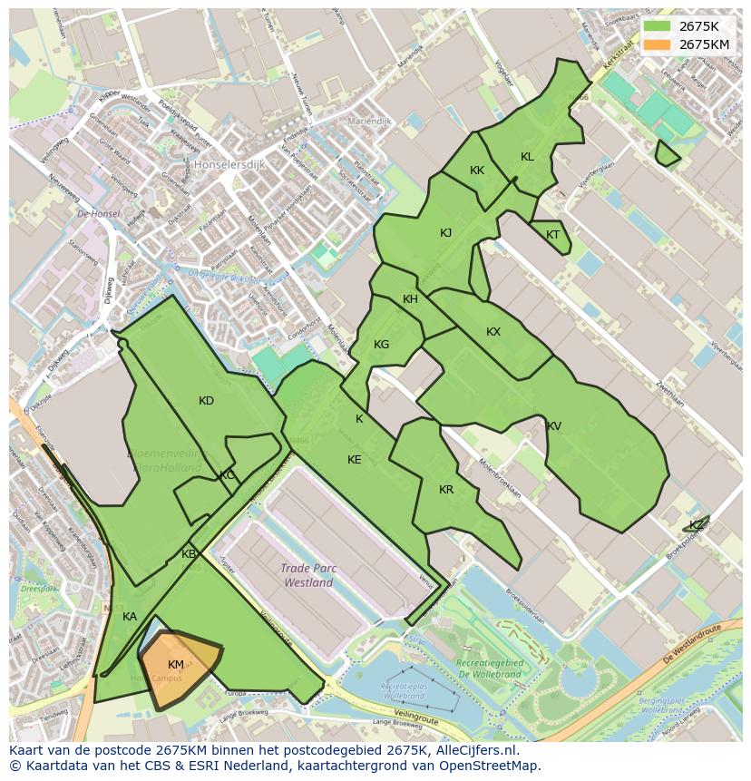 Afbeelding van het postcodegebied 2675 KM op de kaart.