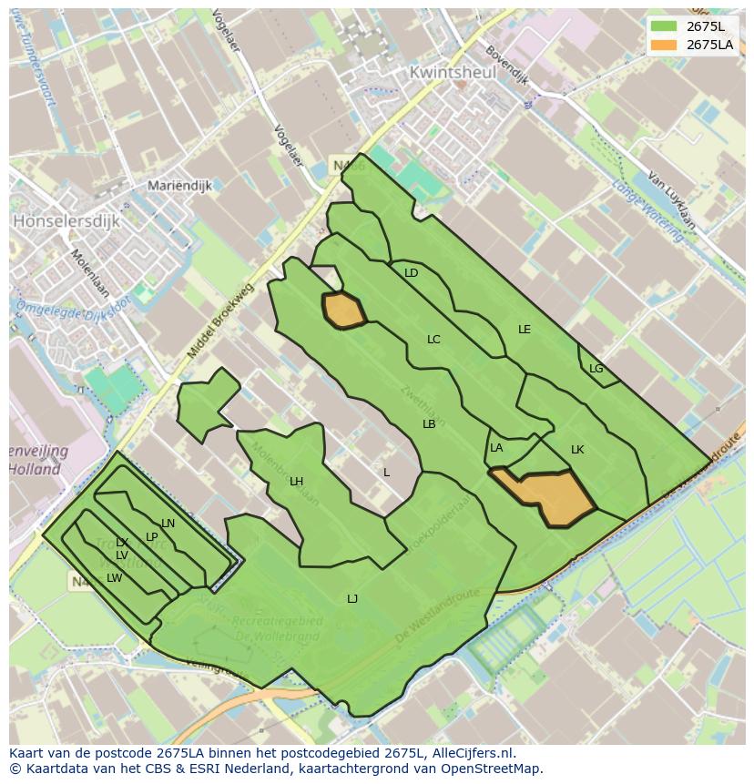 Afbeelding van het postcodegebied 2675 LA op de kaart.