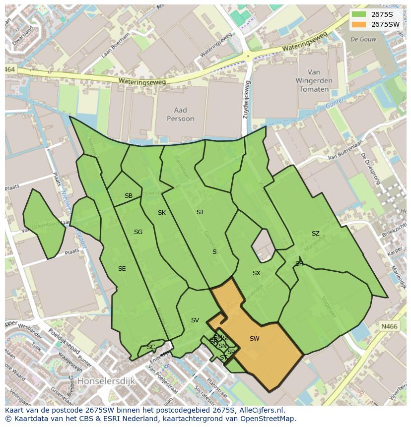 Afbeelding van het postcodegebied 2675 SW op de kaart.