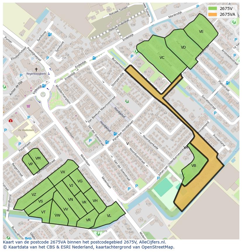 Afbeelding van het postcodegebied 2675 VA op de kaart.