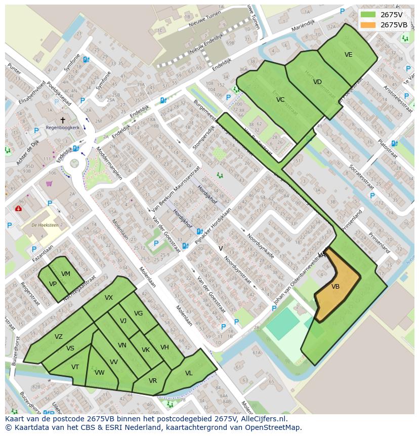 Afbeelding van het postcodegebied 2675 VB op de kaart.