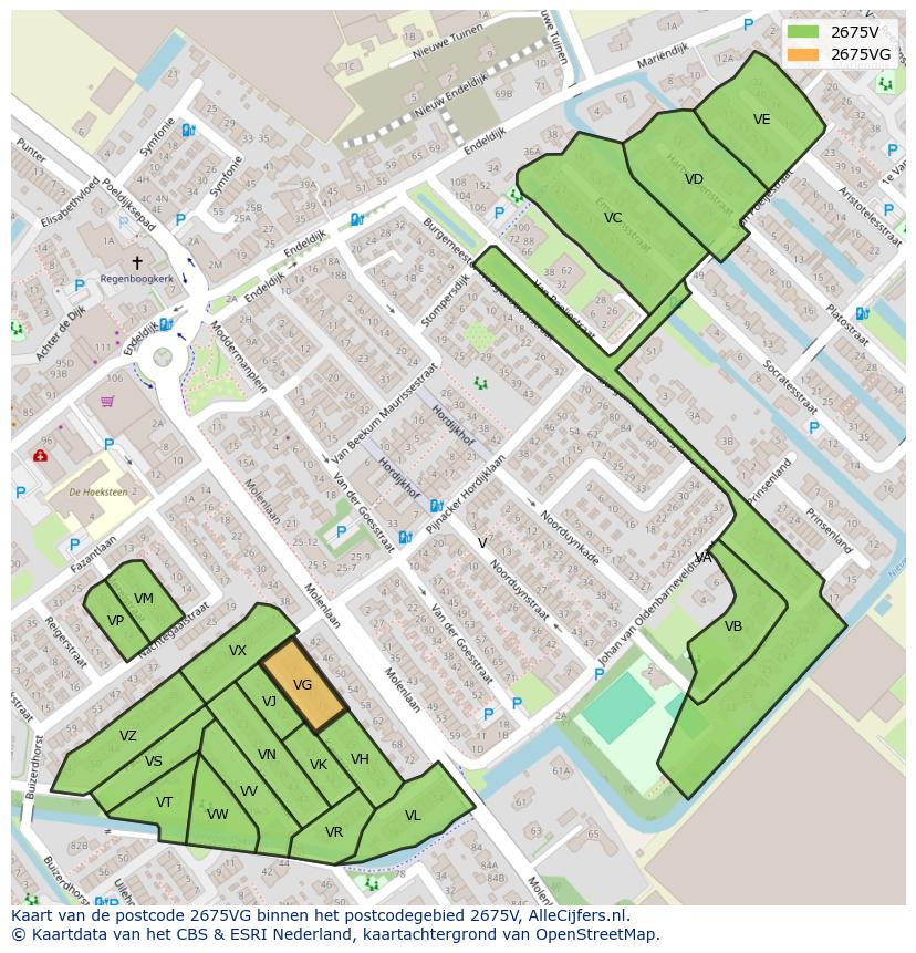 Afbeelding van het postcodegebied 2675 VG op de kaart.