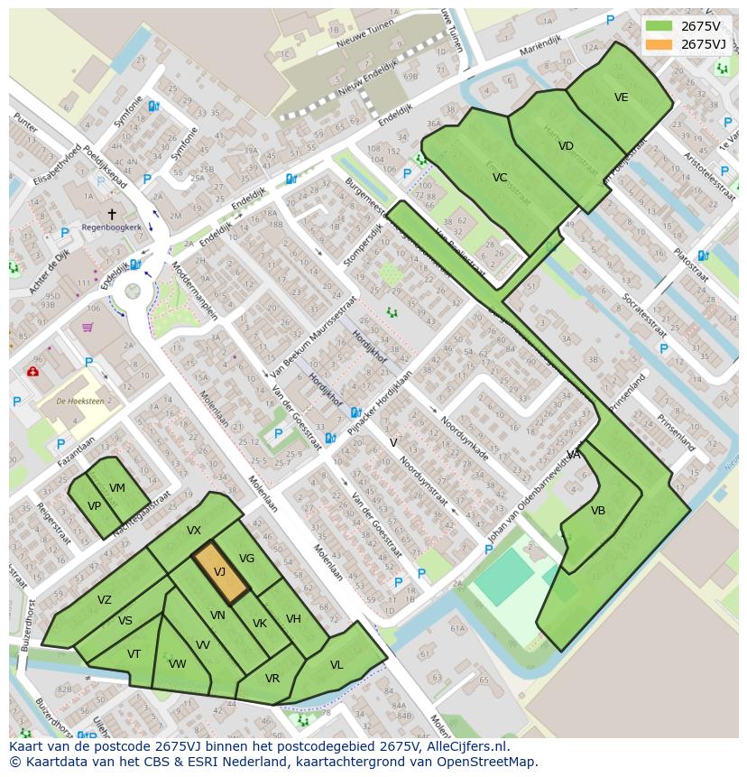 Afbeelding van het postcodegebied 2675 VJ op de kaart.