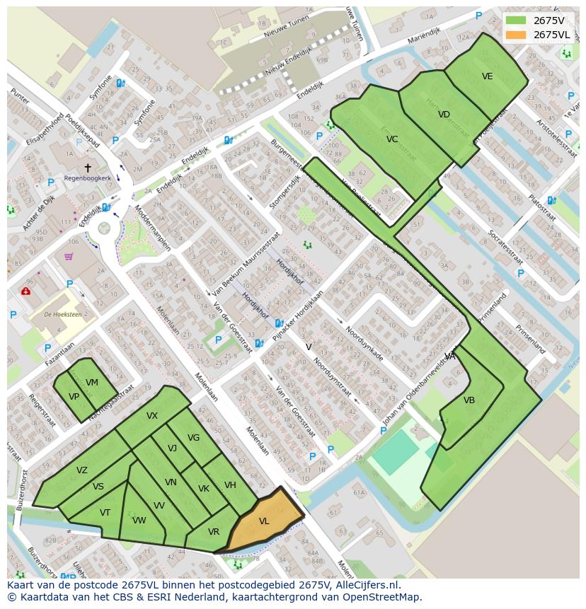 Afbeelding van het postcodegebied 2675 VL op de kaart.