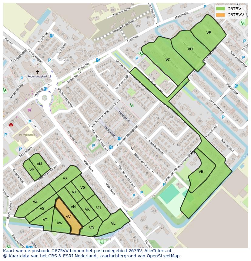 Afbeelding van het postcodegebied 2675 VV op de kaart.