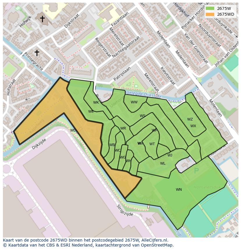 Afbeelding van het postcodegebied 2675 WD op de kaart.