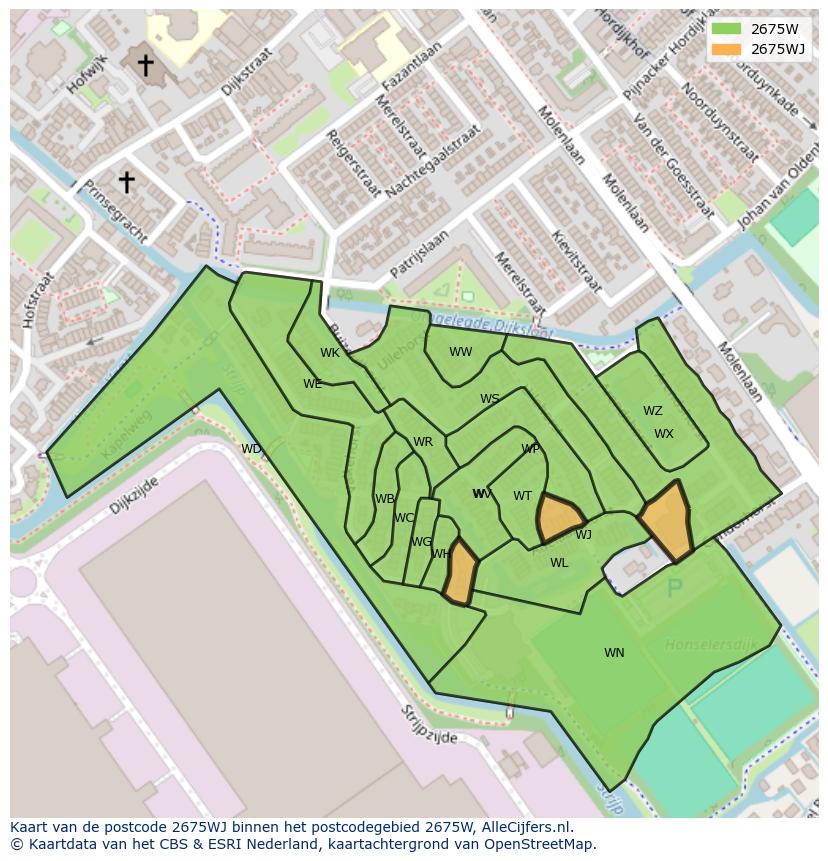 Afbeelding van het postcodegebied 2675 WJ op de kaart.
