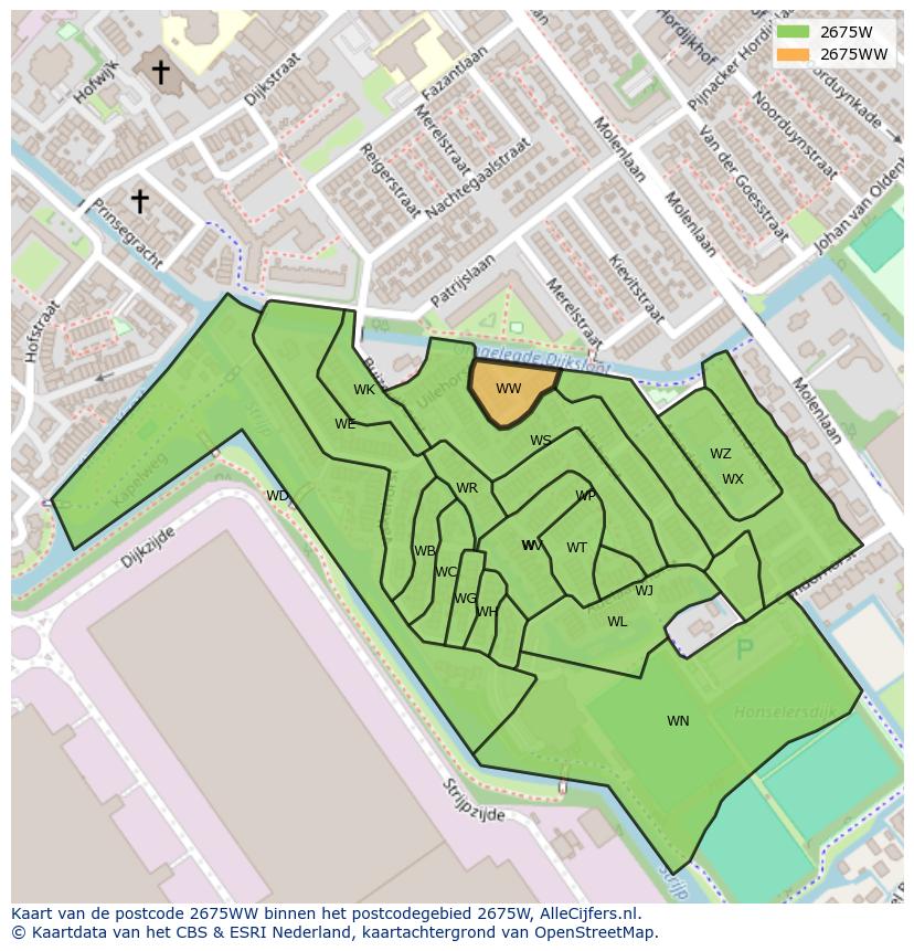 Afbeelding van het postcodegebied 2675 WW op de kaart.