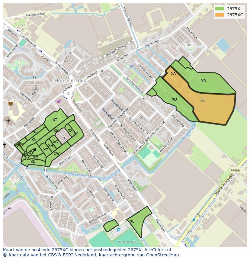 Afbeelding van het postcodegebied 2675 XC op de kaart.