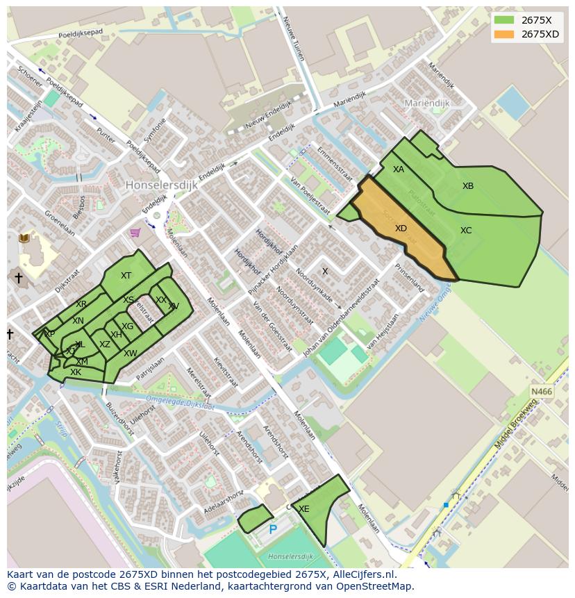Afbeelding van het postcodegebied 2675 XD op de kaart.