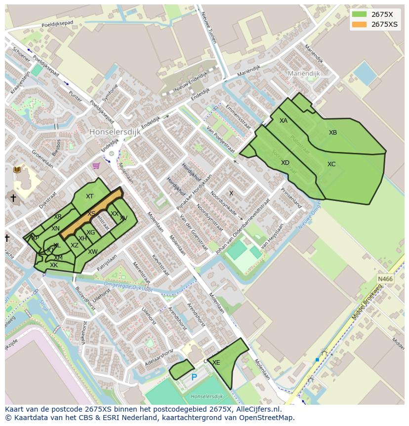 Afbeelding van het postcodegebied 2675 XS op de kaart.