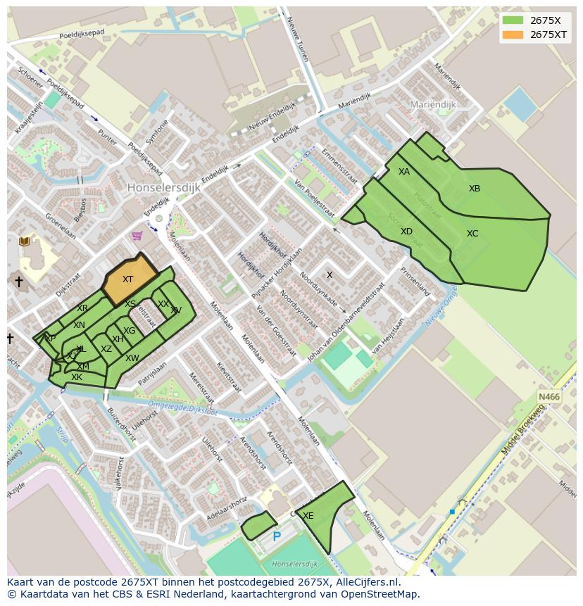Afbeelding van het postcodegebied 2675 XT op de kaart.