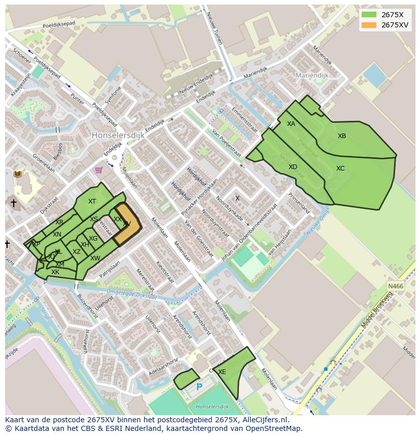 Afbeelding van het postcodegebied 2675 XV op de kaart.