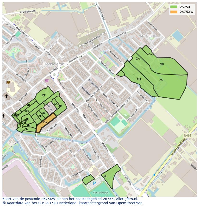 Afbeelding van het postcodegebied 2675 XW op de kaart.
