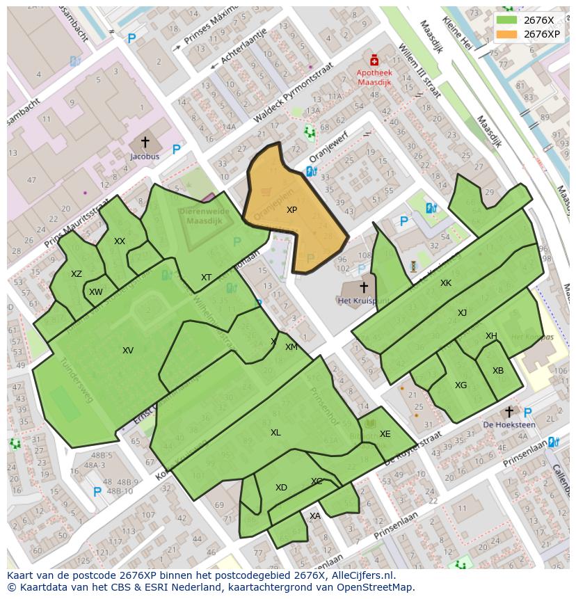 Afbeelding van het postcodegebied 2676 XP op de kaart.