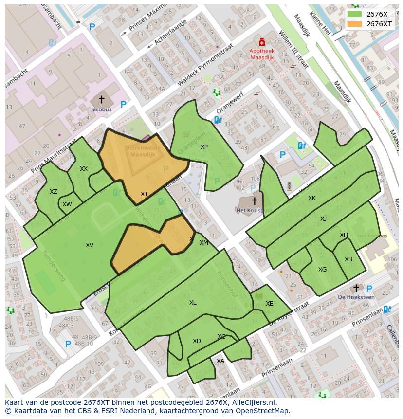 Afbeelding van het postcodegebied 2676 XT op de kaart.