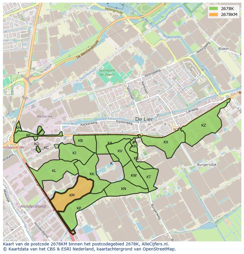 Afbeelding van het postcodegebied 2678 KM op de kaart.