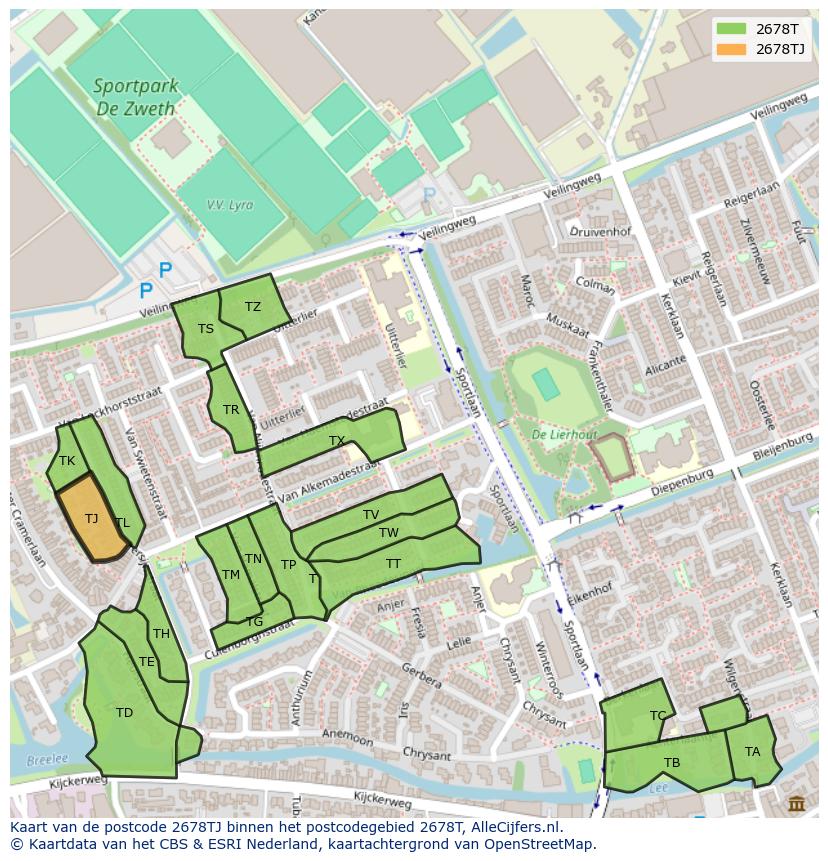 Afbeelding van het postcodegebied 2678 TJ op de kaart.
