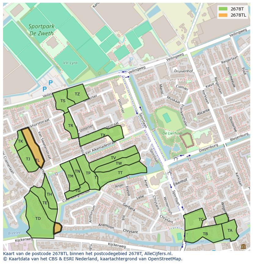 Afbeelding van het postcodegebied 2678 TL op de kaart.