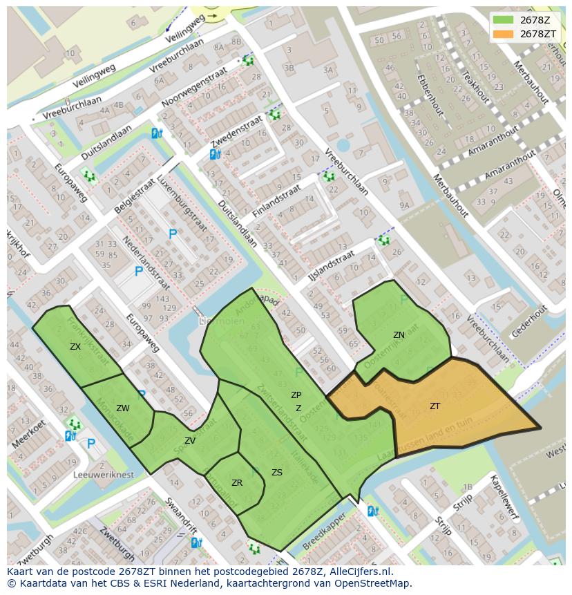 Afbeelding van het postcodegebied 2678 ZT op de kaart.