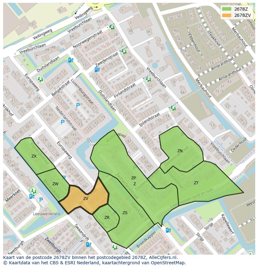 Afbeelding van het postcodegebied 2678 ZV op de kaart.