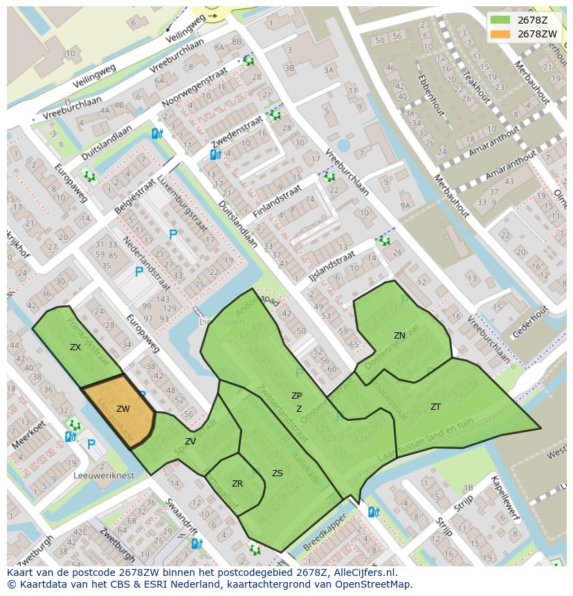 Afbeelding van het postcodegebied 2678 ZW op de kaart.