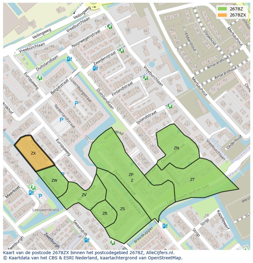 Afbeelding van het postcodegebied 2678 ZX op de kaart.