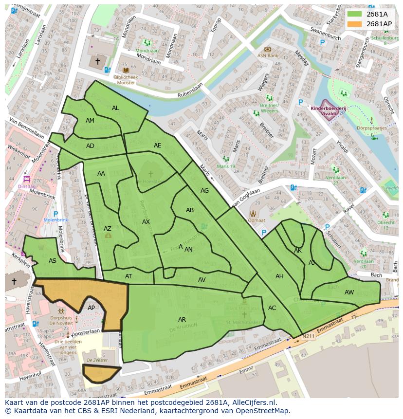Afbeelding van het postcodegebied 2681 AP op de kaart.