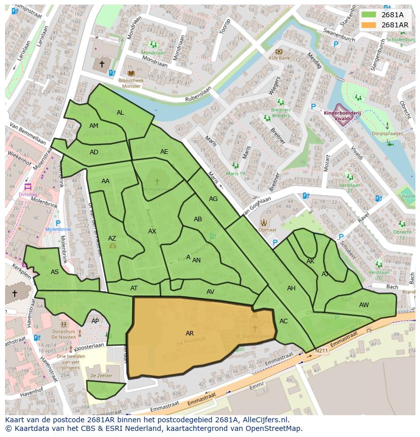Afbeelding van het postcodegebied 2681 AR op de kaart.