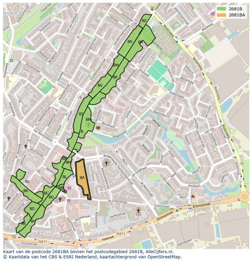Afbeelding van het postcodegebied 2681 BA op de kaart.