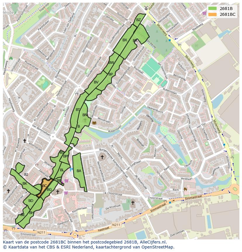 Afbeelding van het postcodegebied 2681 BC op de kaart.