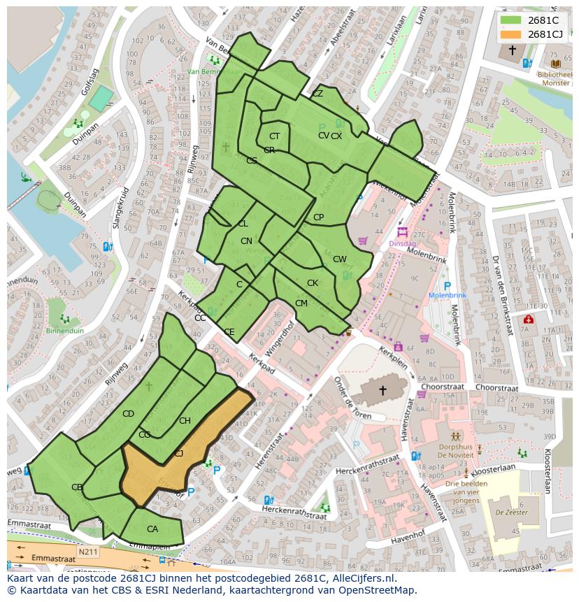 Afbeelding van het postcodegebied 2681 CJ op de kaart.