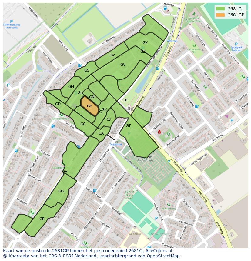 Afbeelding van het postcodegebied 2681 GP op de kaart.