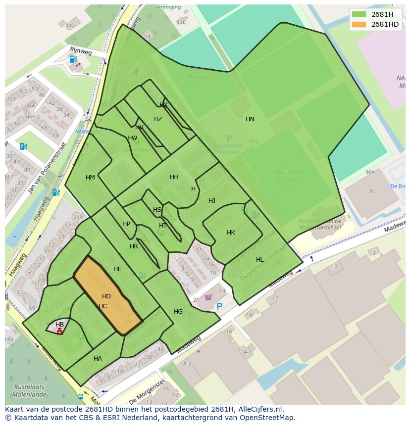 Afbeelding van het postcodegebied 2681 HD op de kaart.