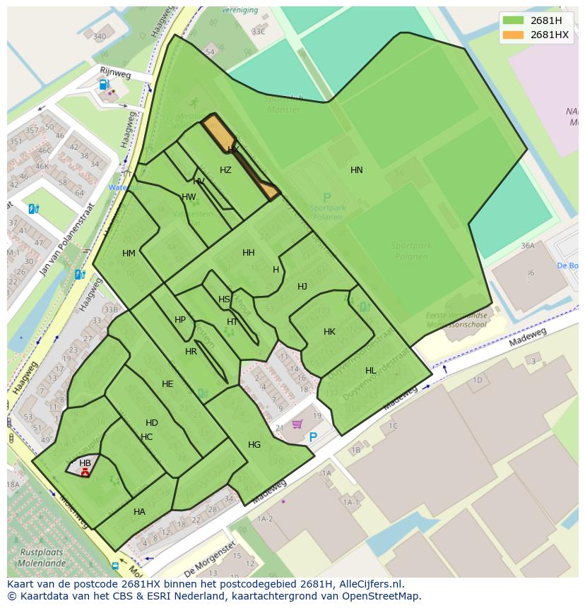 Afbeelding van het postcodegebied 2681 HX op de kaart.