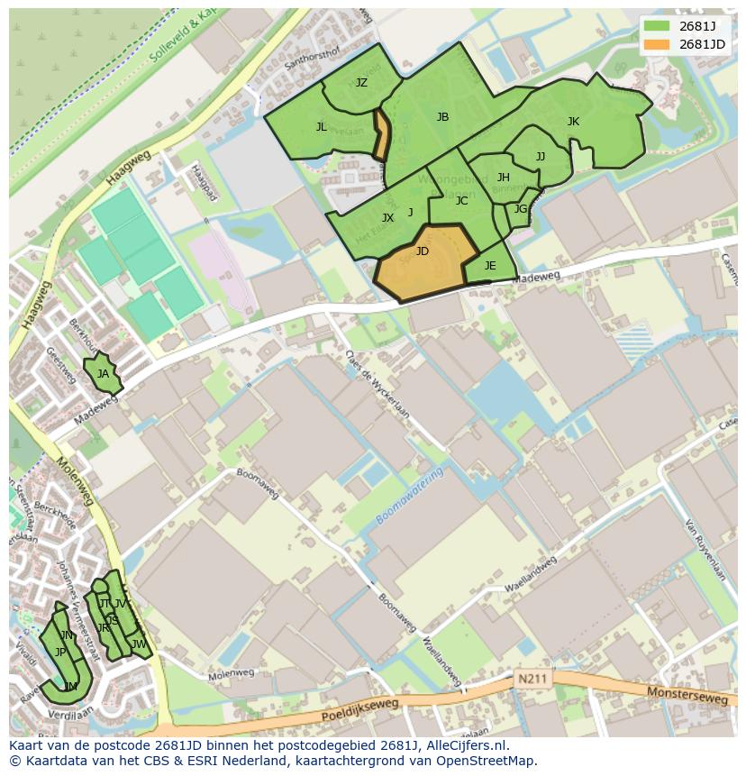 Afbeelding van het postcodegebied 2681 JD op de kaart.