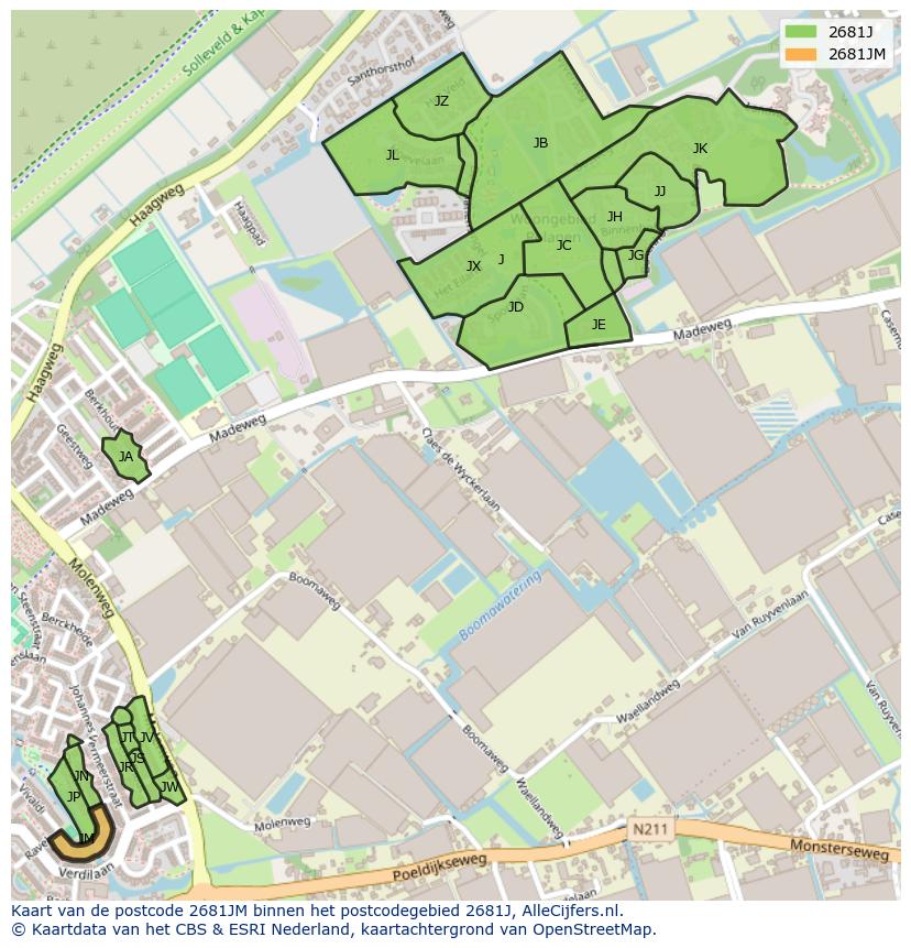 Afbeelding van het postcodegebied 2681 JM op de kaart.