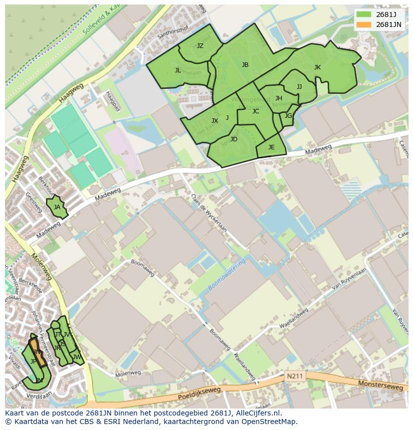 Afbeelding van het postcodegebied 2681 JN op de kaart.