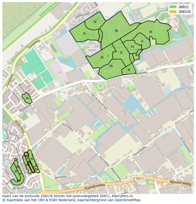 Afbeelding van het postcodegebied 2681 JS op de kaart.