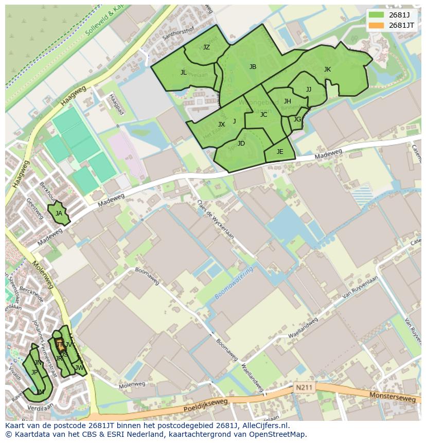 Afbeelding van het postcodegebied 2681 JT op de kaart.
