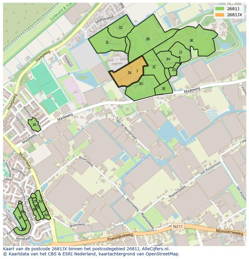 Afbeelding van het postcodegebied 2681 JX op de kaart.
