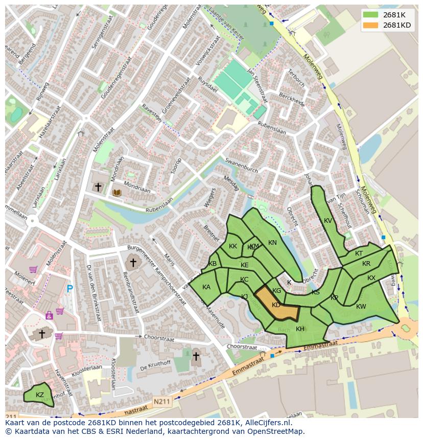 Afbeelding van het postcodegebied 2681 KD op de kaart.