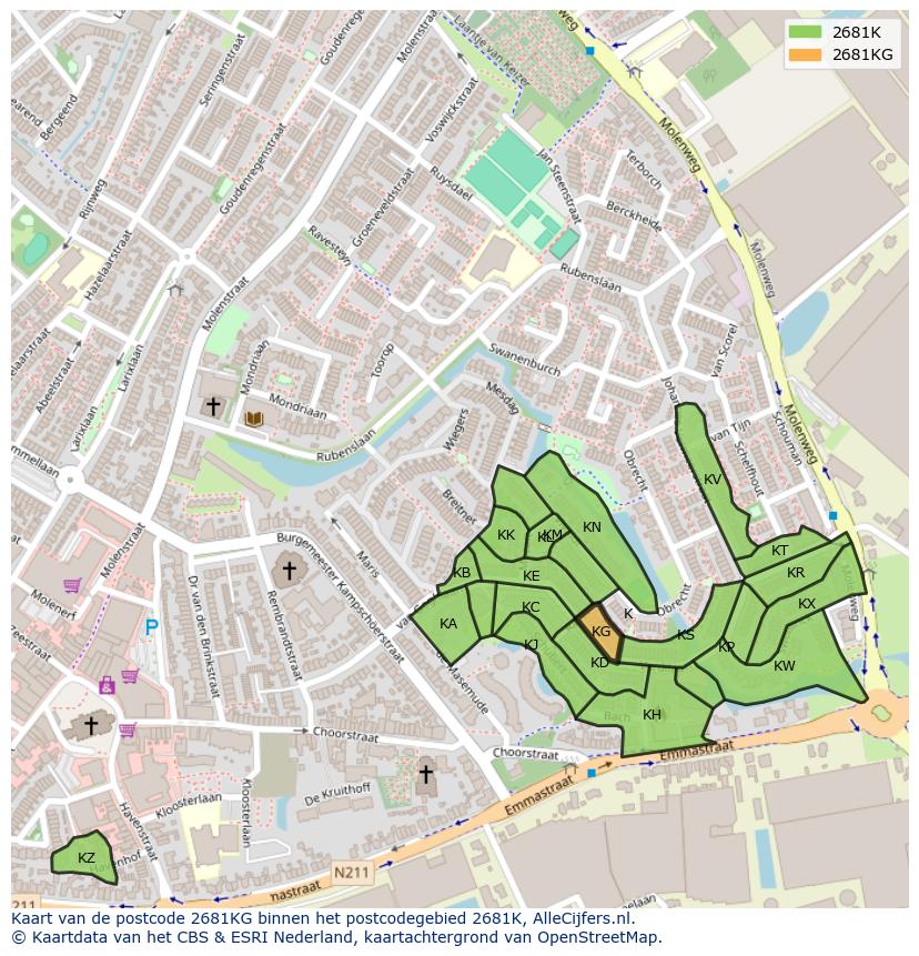 Afbeelding van het postcodegebied 2681 KG op de kaart.