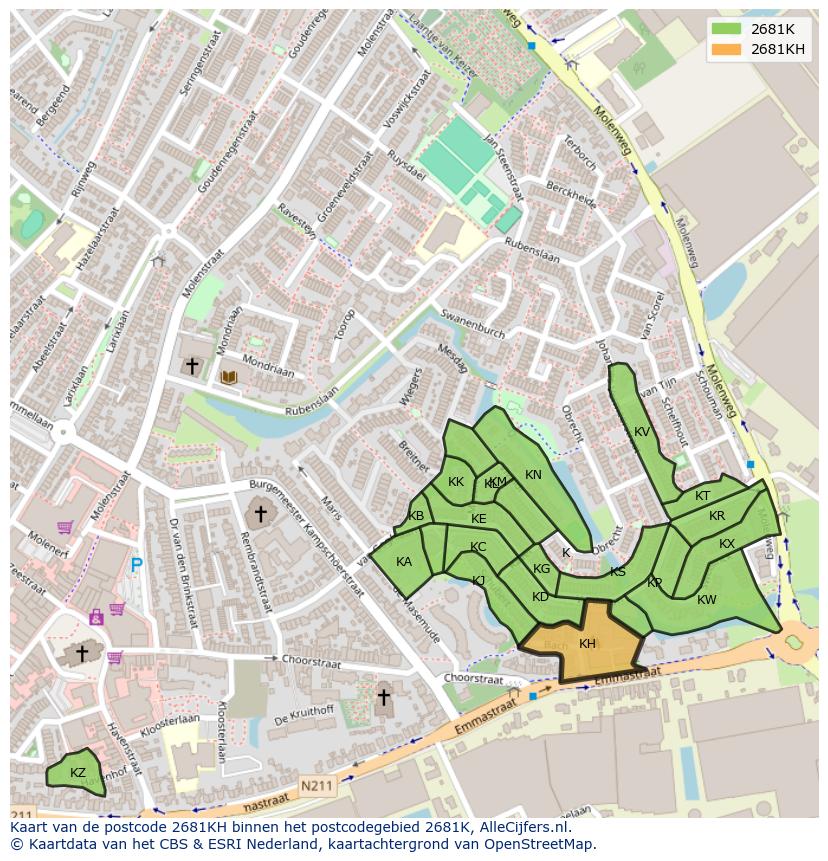 Afbeelding van het postcodegebied 2681 KH op de kaart.