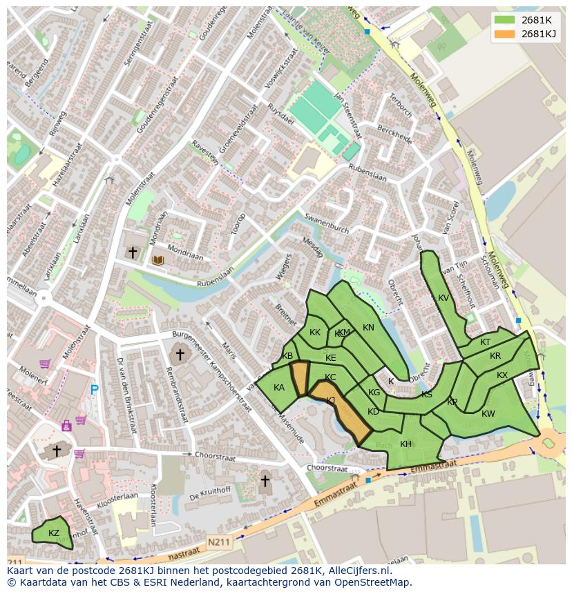 Afbeelding van het postcodegebied 2681 KJ op de kaart.