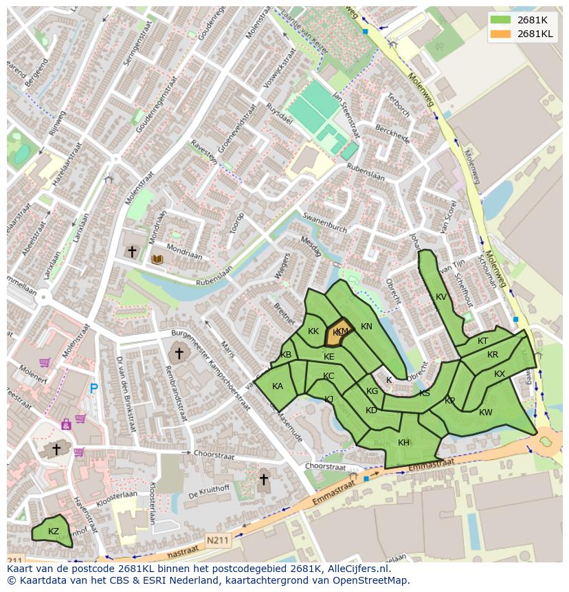Afbeelding van het postcodegebied 2681 KL op de kaart.