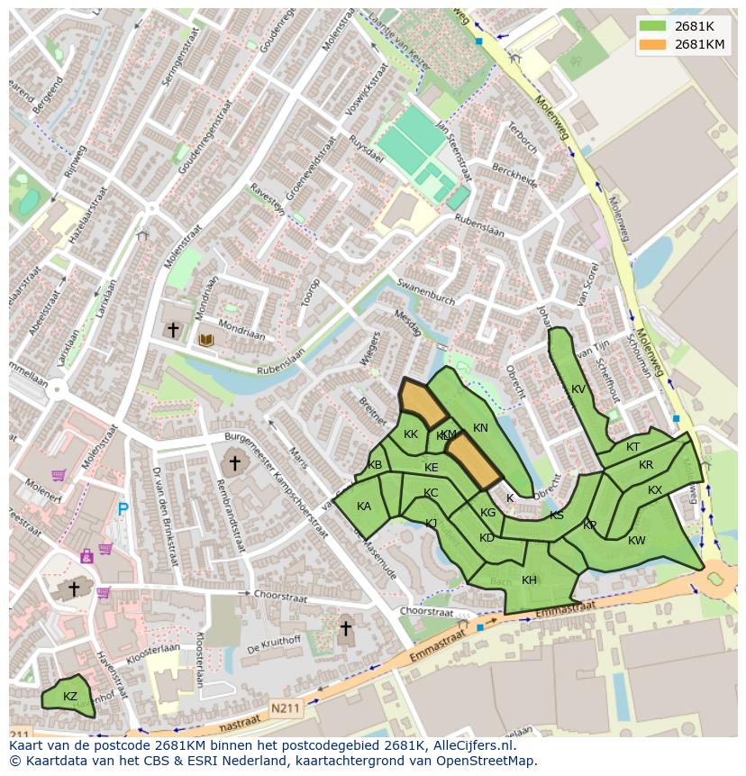 Afbeelding van het postcodegebied 2681 KM op de kaart.