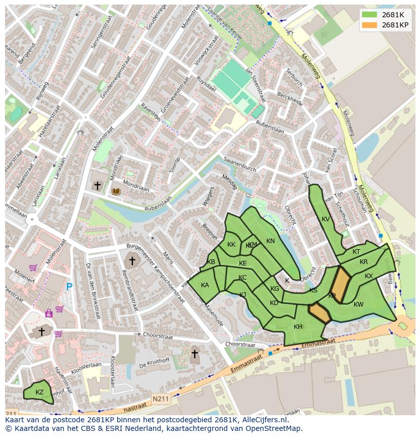 Afbeelding van het postcodegebied 2681 KP op de kaart.