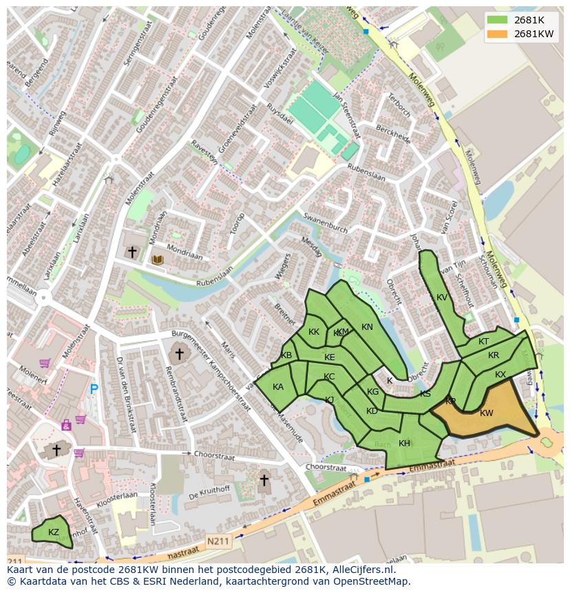 Afbeelding van het postcodegebied 2681 KW op de kaart.